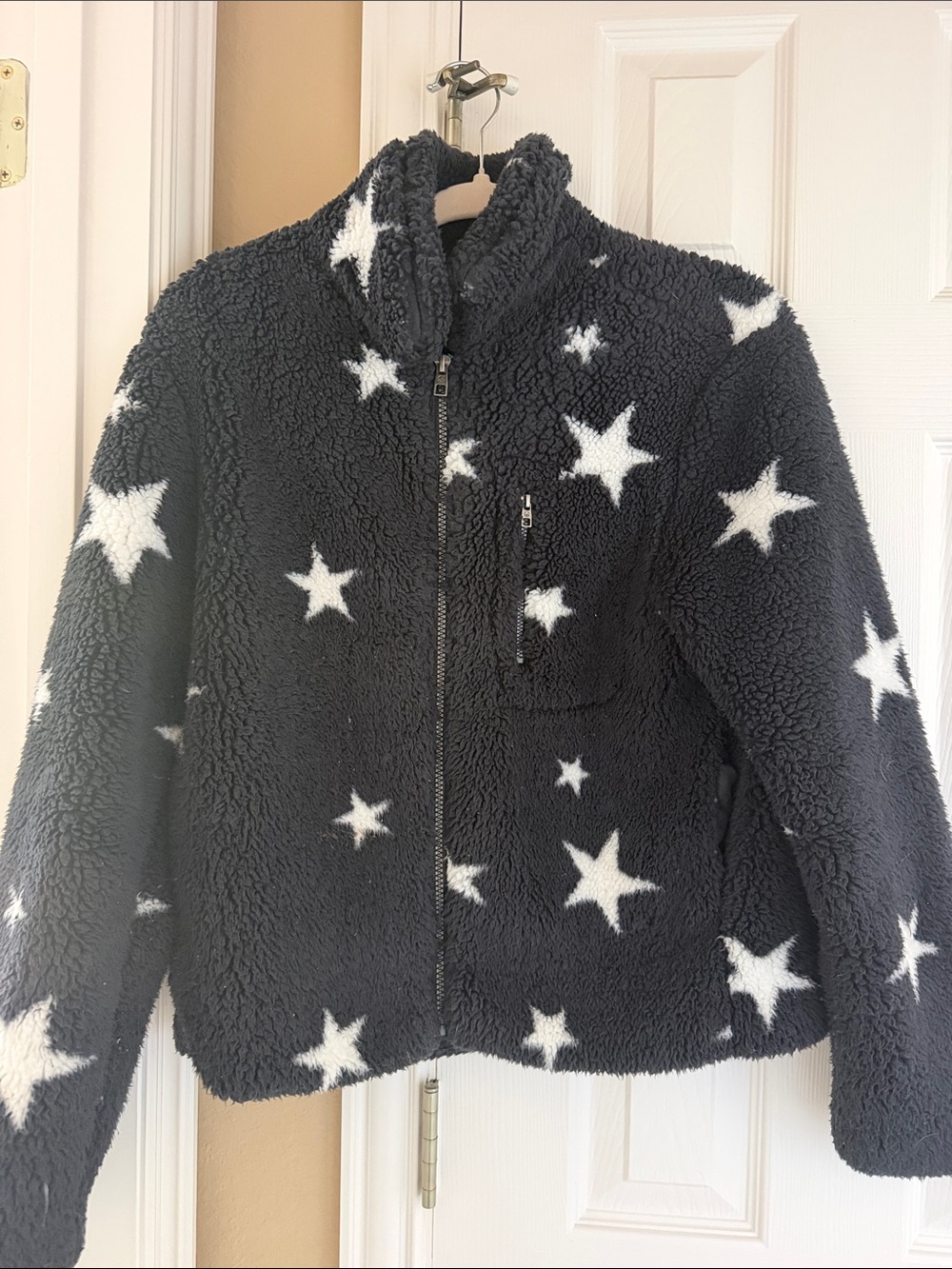 Women’s Black Sherpa Jacket with White Star Print